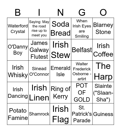 LUCKY IRISH BINGO Card