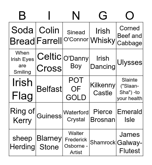 LUCKY IRISH BINGO Card