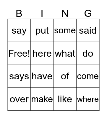 Sight Words Bingo Card