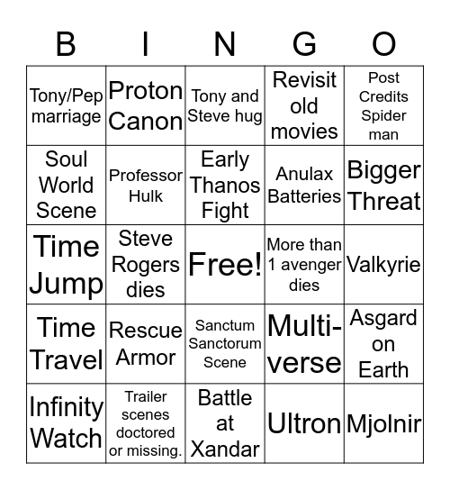 Avengers: Endgame Bingo Card