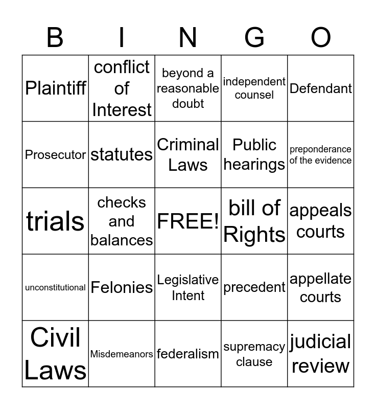 Law in Society 1 & 2 Bingo Card