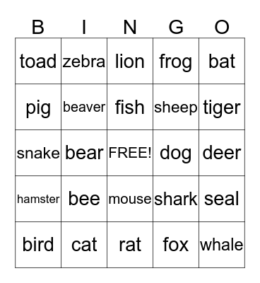 Animal Bingo Card