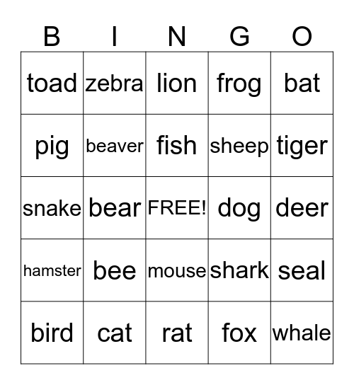 Animal Bingo Card