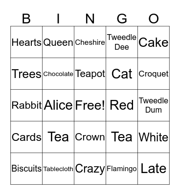 Mad Hatters Tea Party Bingo Card