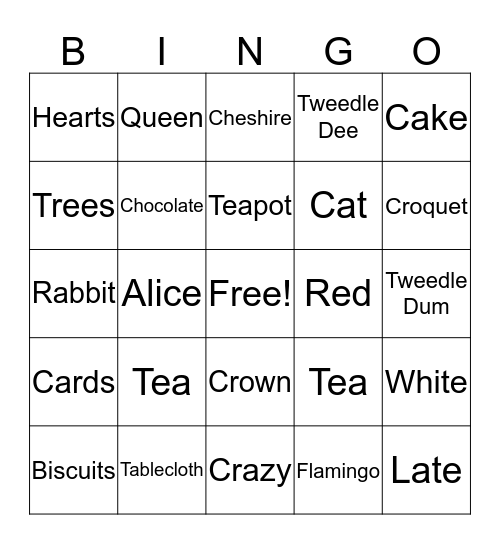 Mad Hatters Tea Party Bingo Card