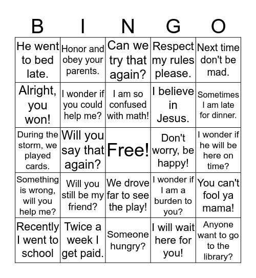 sign sentences to practice Bingo Card