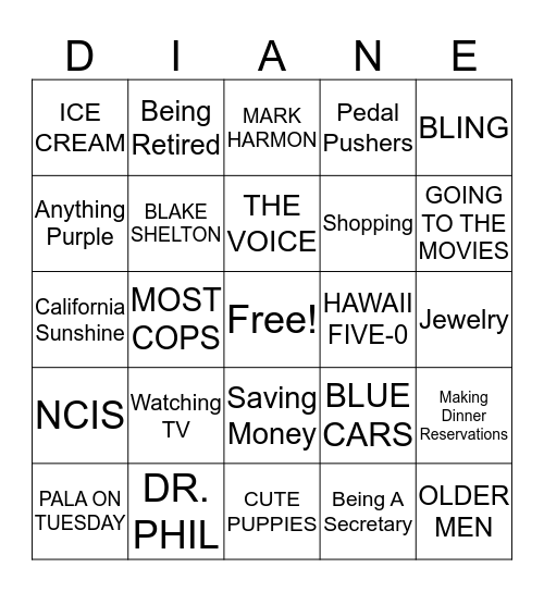 Di's Favorite things Bingo Card