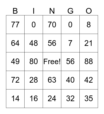 7’s and 8’s multiplication bingo Card