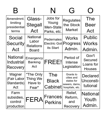 FDR's New Deal Bingo Card