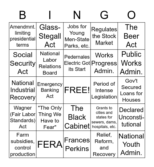 FDR's New Deal Bingo Card