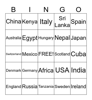 Countries Bingo Card