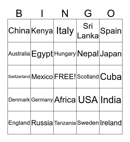 Countries Bingo Card