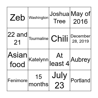 "Aubrey & Zeb" Bingo Card