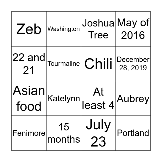 "Aubrey & Zeb" Bingo Card