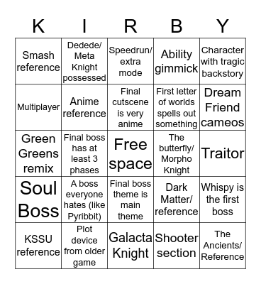 Kirby Bingo Card