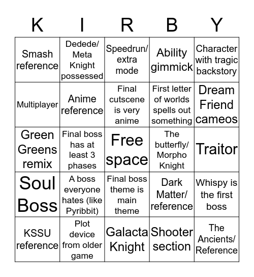 Kirby Bingo Card