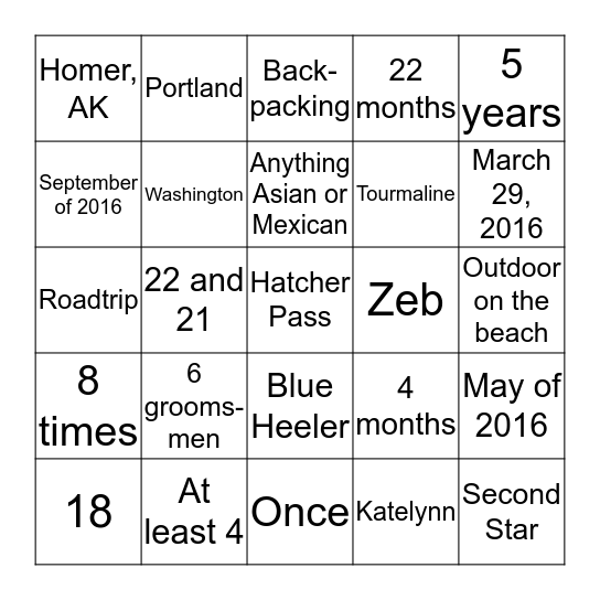 "Aubrey & Zeb" Bingo Card