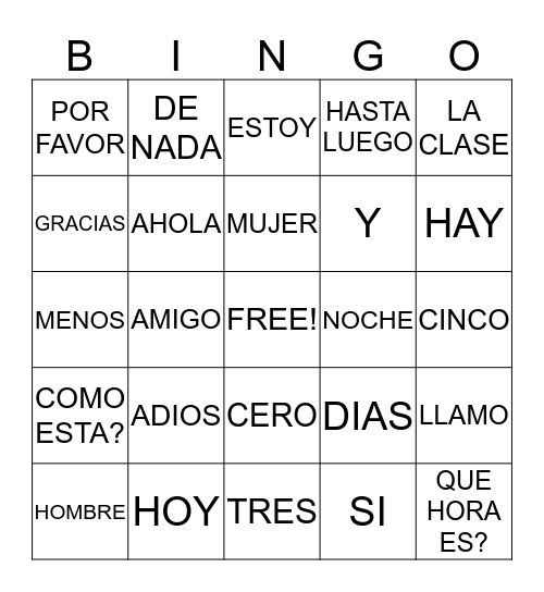 SPANISH VOCAB BINGO Card