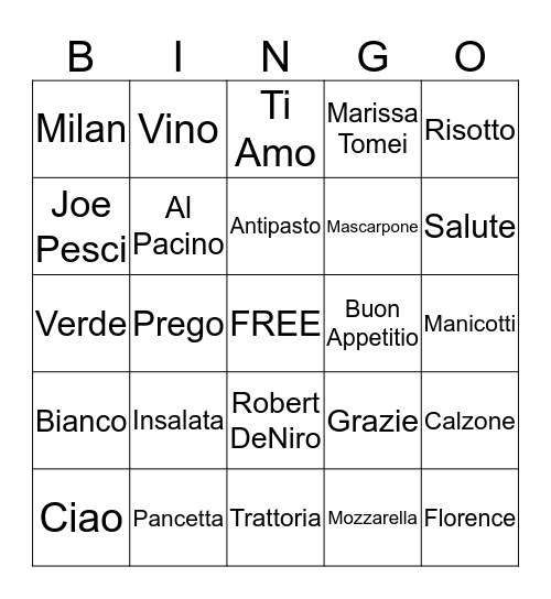 Bayliss Italian Bingo Card