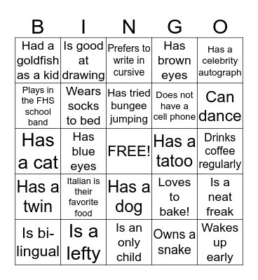 People Bingo!  Bingo Card