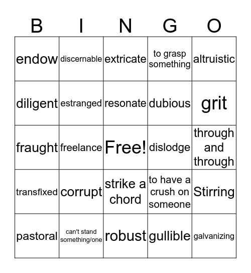 Vocabulary  Bingo Card