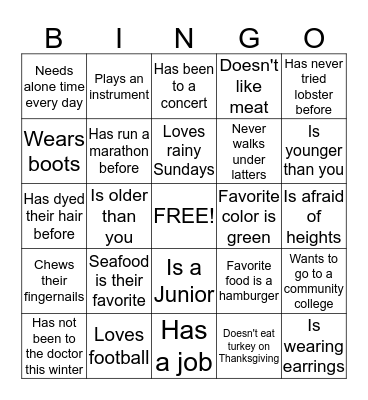 People Bingo!  Bingo Card