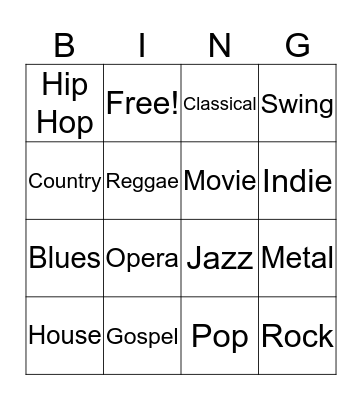 Music Genres Bingo Card