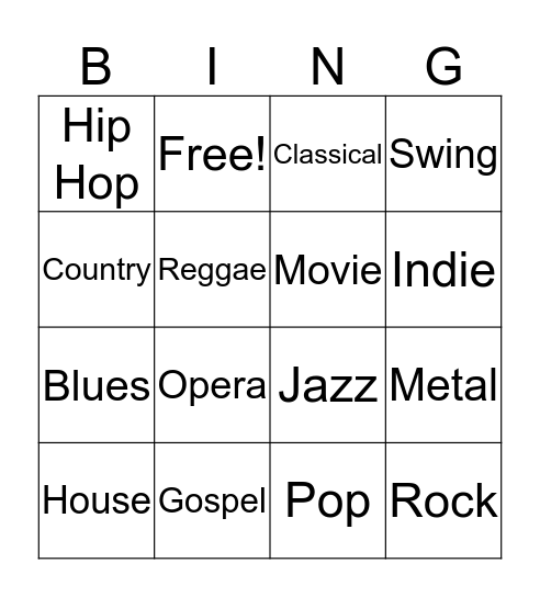 Music Genres Bingo Card