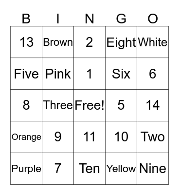 Colors and Numbers! Bingo Card