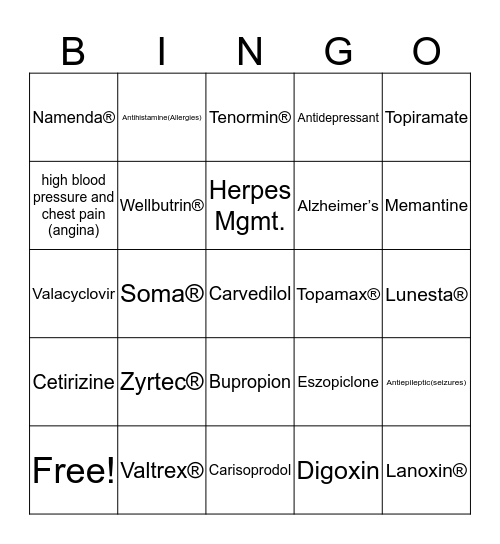 Drug List 9 Bingo Card