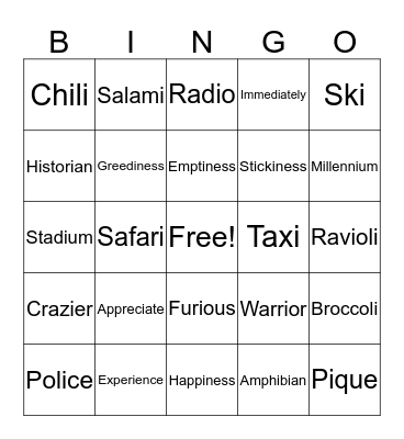 Power Words Bingo Card