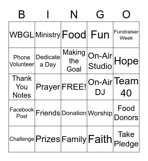 WBGL Fundraiser BINGO!! Bingo Card