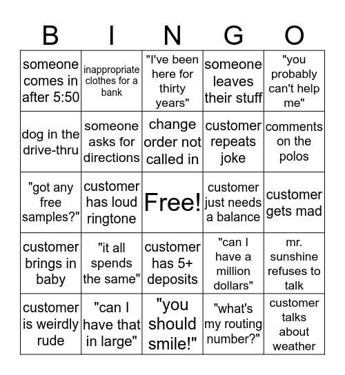 Bank Bingo Card