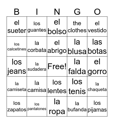 La Ropa Bingo Card