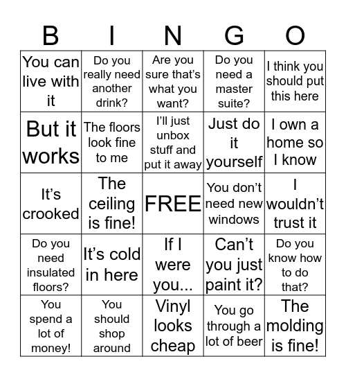 Mom Comments Bingo Card