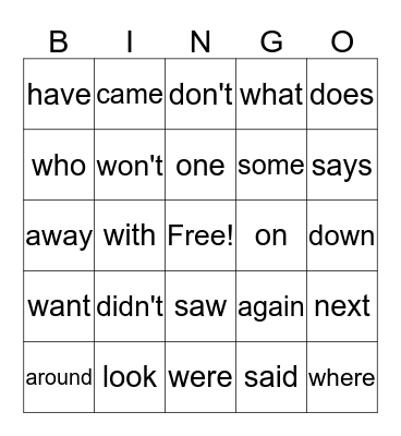 Sight Words Bingo Card