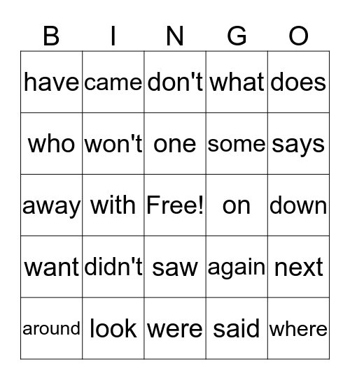 Sight Words Bingo Card