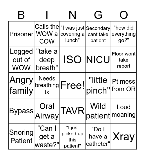 PACU BiNgO Card