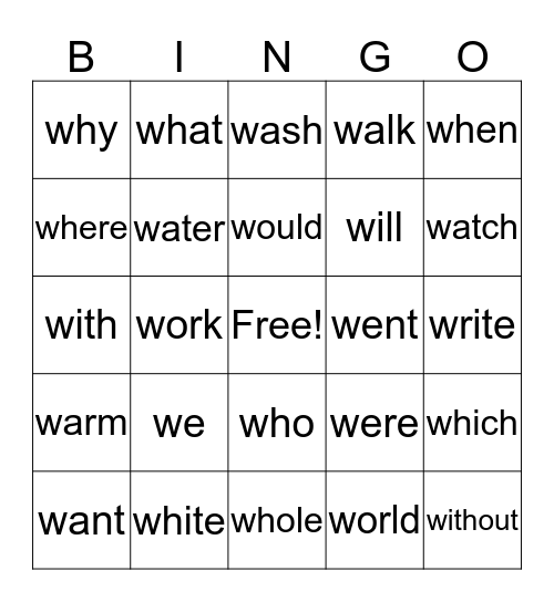 W WORDS Bingo Card