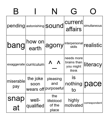 Comprehension Vocabulary Revision Bingo Card