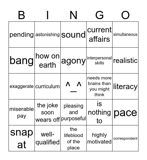 Comprehension Vocabulary Revision Bingo Card