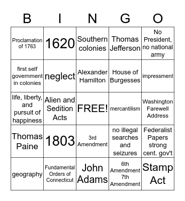 US History   1st Semester Review Bingo Card