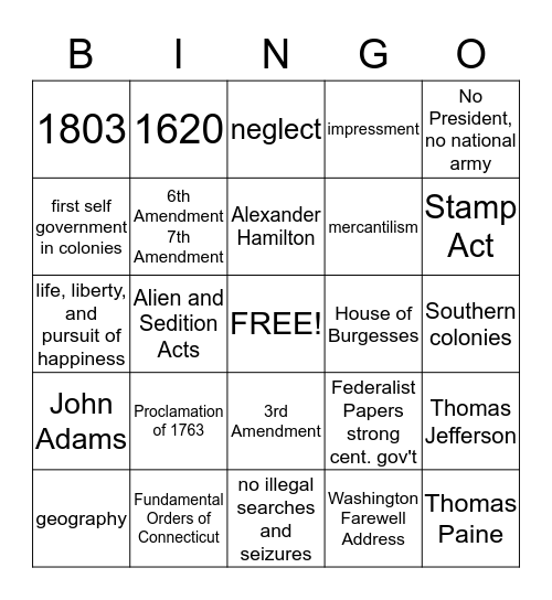 US History   1st Semester Review Bingo Card