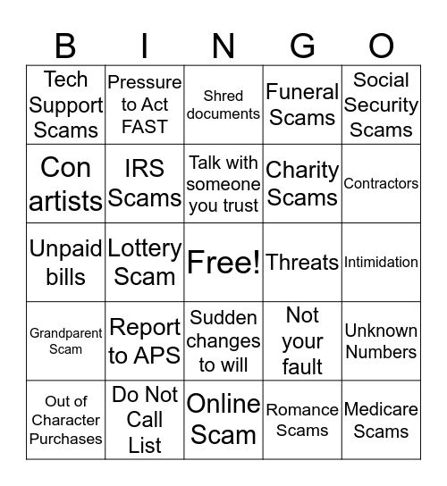 ElderSAFE Bingo Card