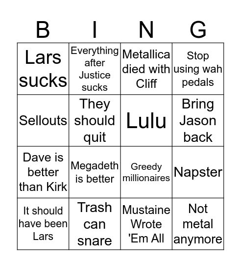 Metallica Comment Section Bingo Card