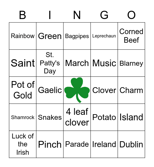 St. Patrick's Day Bingo Card