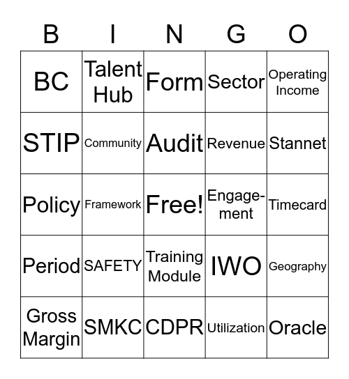 STAN Bingo Card