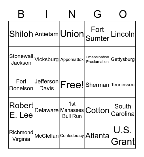 American Civil War Bingo Card