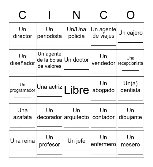 Las profesiones Bingo Card