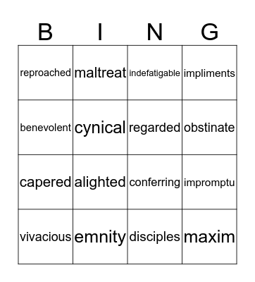 Vocabulary 1-4 Bingo Card